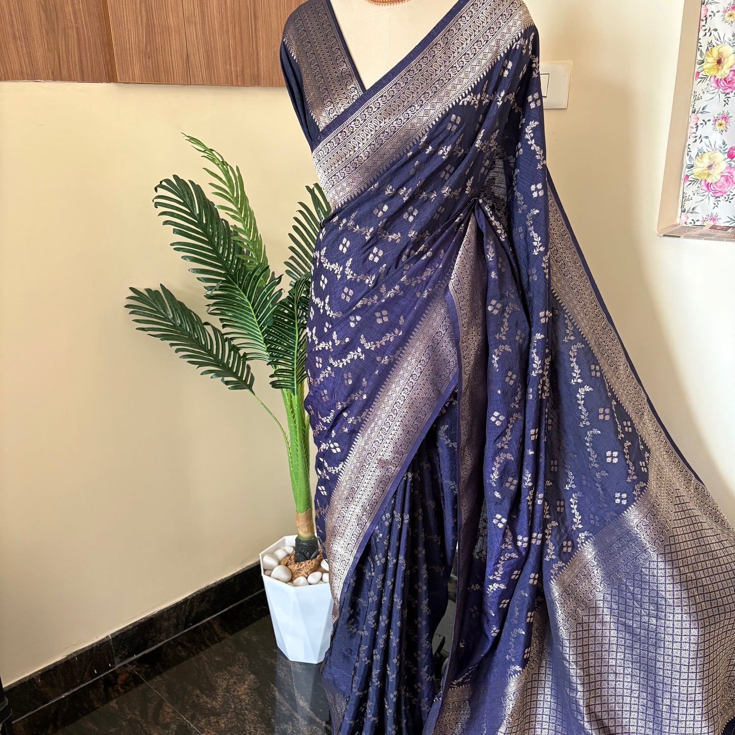 Navy Blue Semi Crepe Banarasi Saree