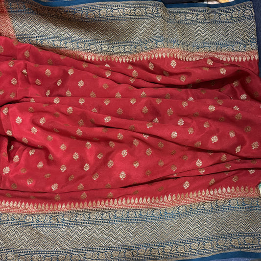 Red Banarasi Pure Crepe Saree