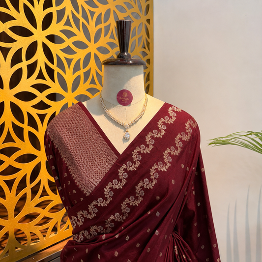 Maroon Semi Raw Mango Banarasi Saree