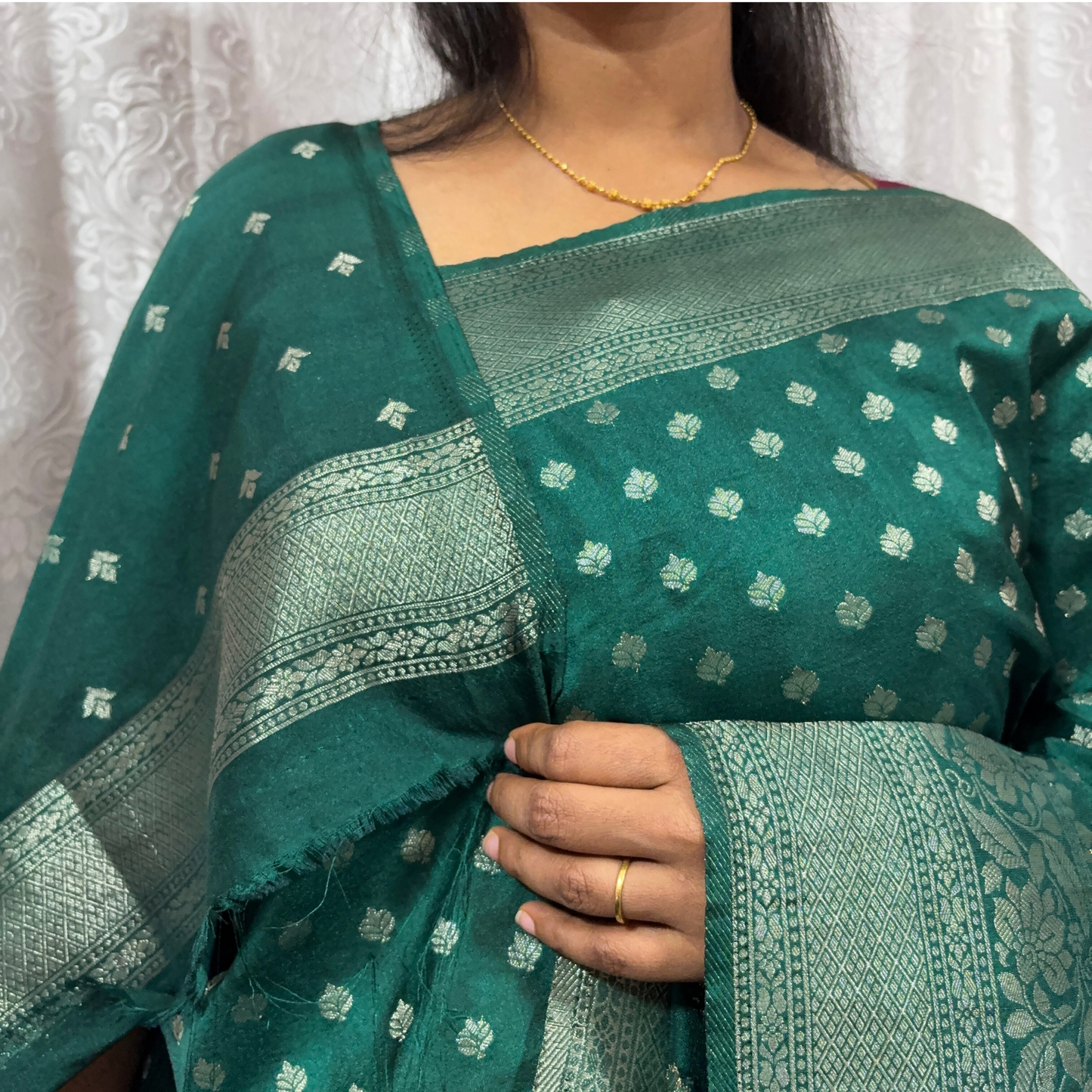 Green Banarasi Semi Crepe Saree