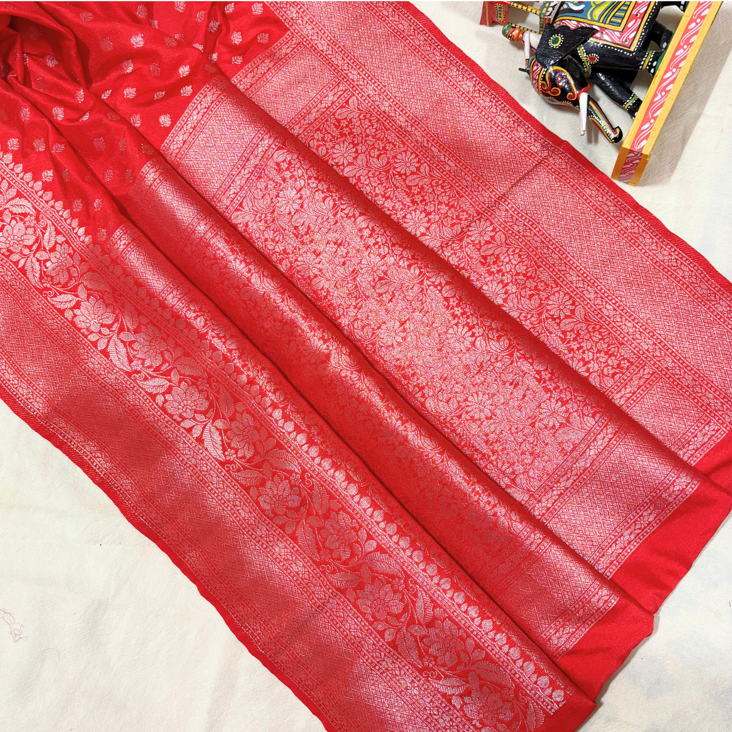 Red Banarasi Semi Crepe Saree