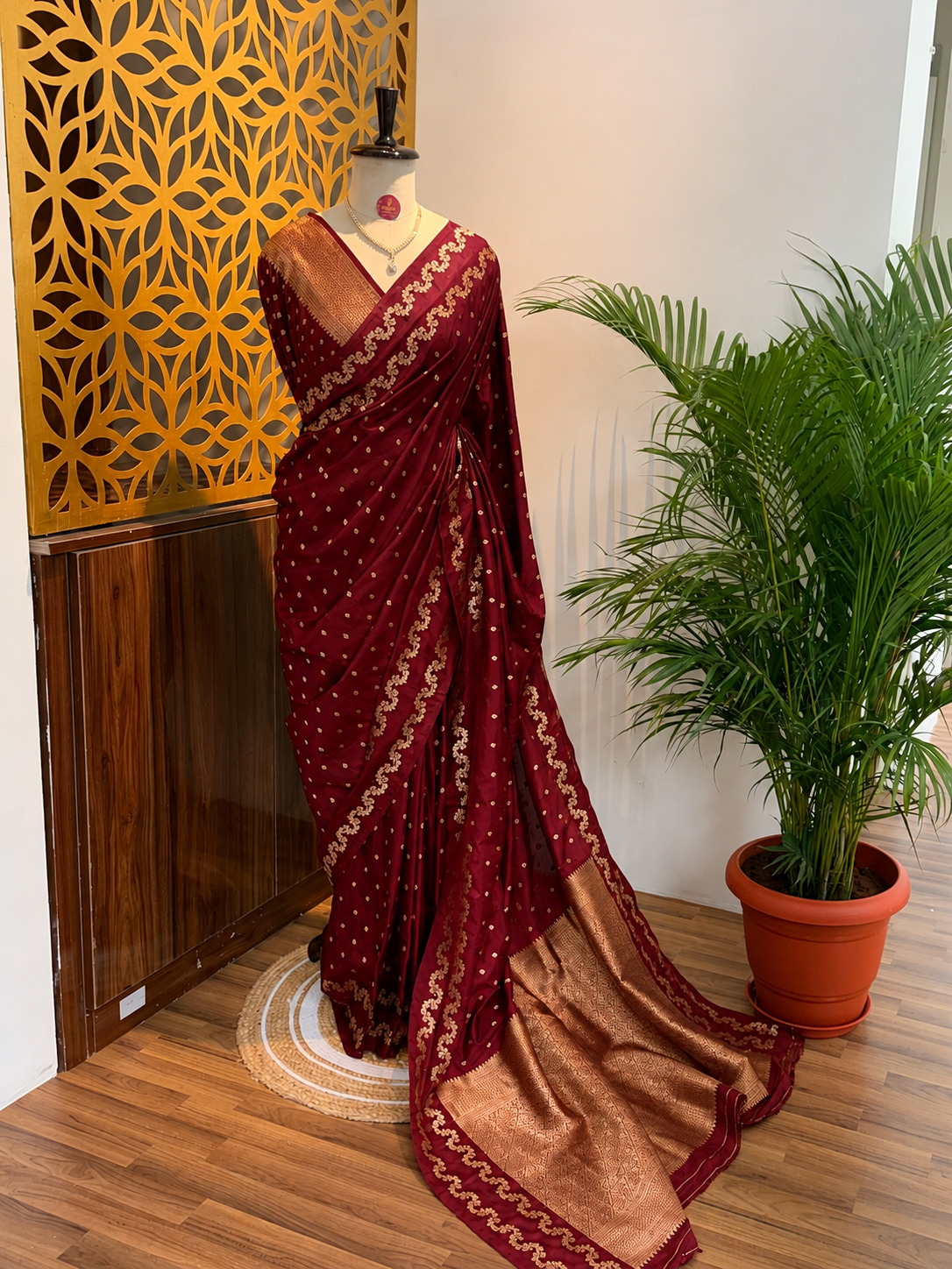 Maroon Semi Raw Mango Banarasi Saree