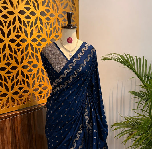 Navy Blue Semi Raw Mango Banarasi Saree