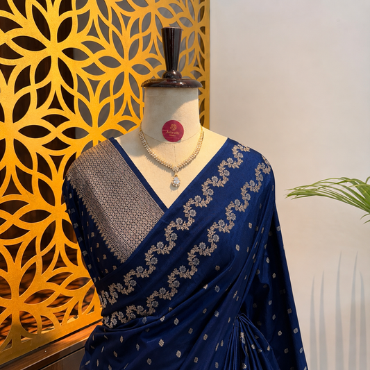 Navy Blue Semi Raw Mango Banarasi Saree