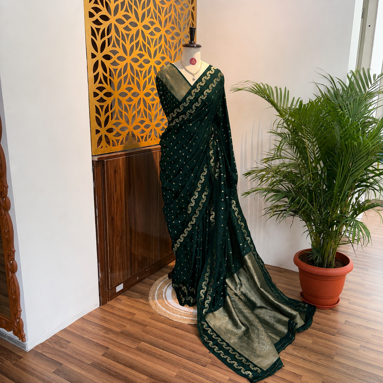 Bottle Green Semi Raw Mango Banarasi Saree