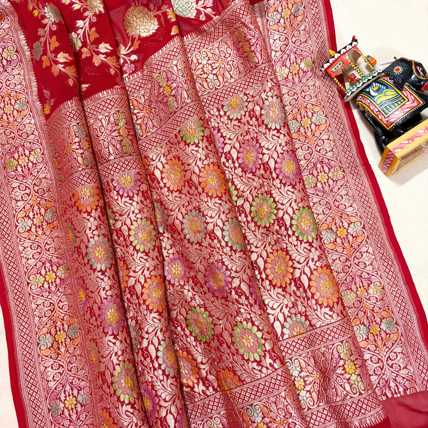 Red Pure Khaddi Georgette Meenakari Saree