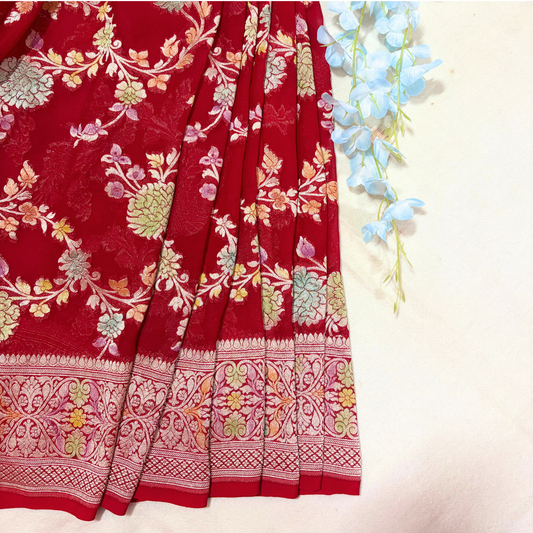 Red Pure Khaddi Georgette Meenakari Saree
