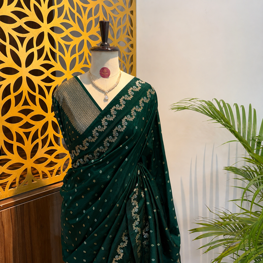 Bottle Green Semi Raw Mango Banarasi Saree