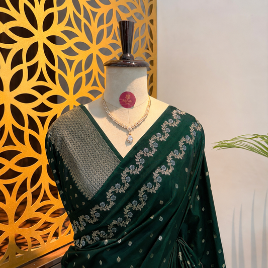 Bottle Green Semi Raw Mango Banarasi Saree