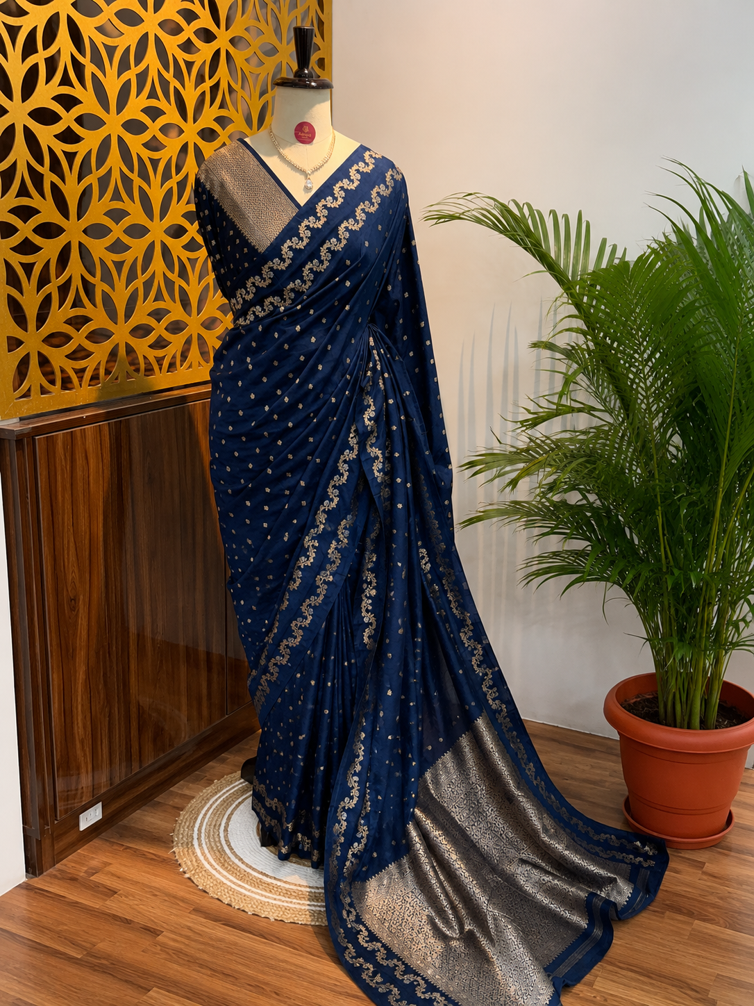 Navy Blue Semi Raw Mango Banarasi Saree