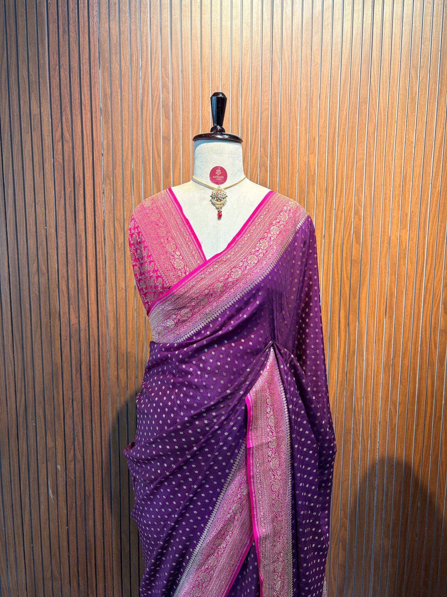 Wine & Pink Banarasi Pure Crepe Saree