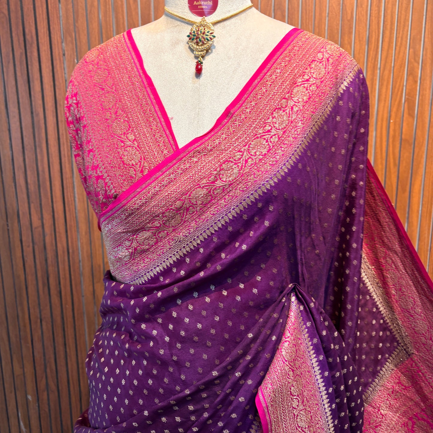Wine & Pink Banarasi Pure Crepe Saree