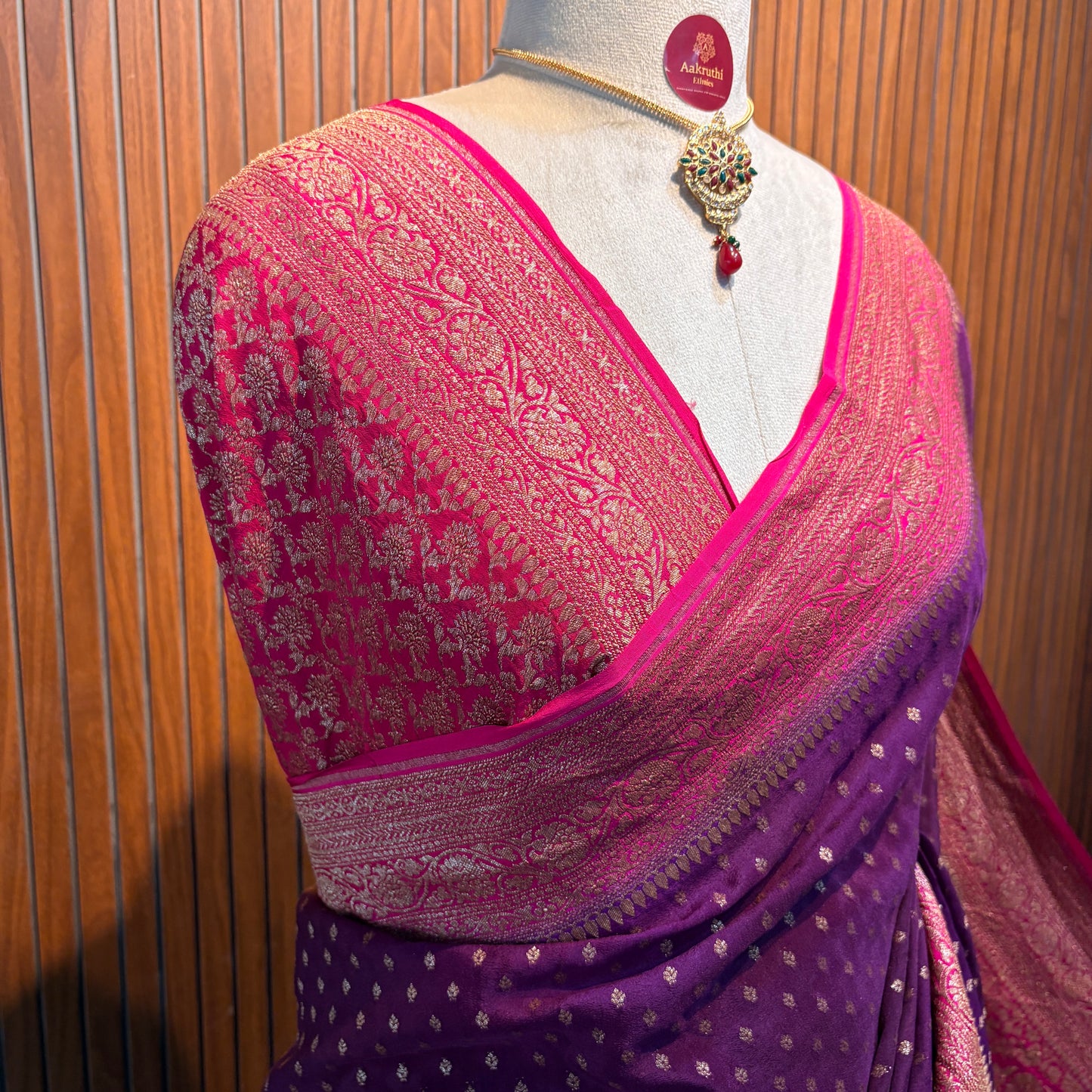 Wine & Pink Banarasi Pure Crepe Saree