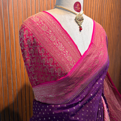 Wine & Pink Banarasi Pure Crepe Saree