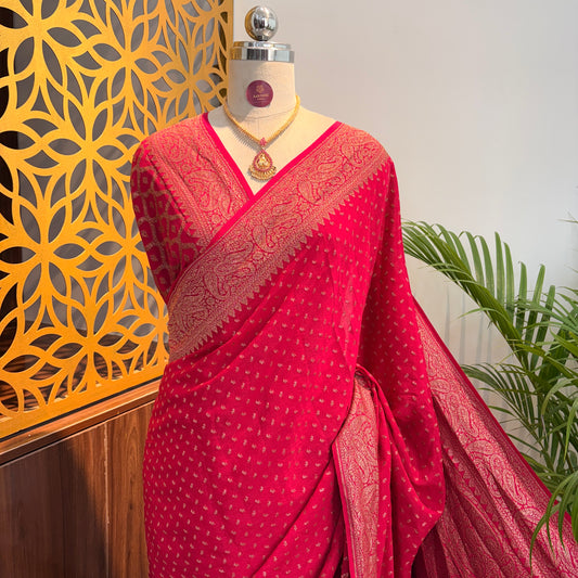 Pink Banarasi Pure Crepe Saree