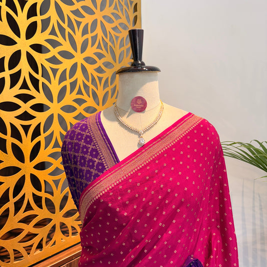 Purple Pink Ombre Banarasi Pure Crepe Saree