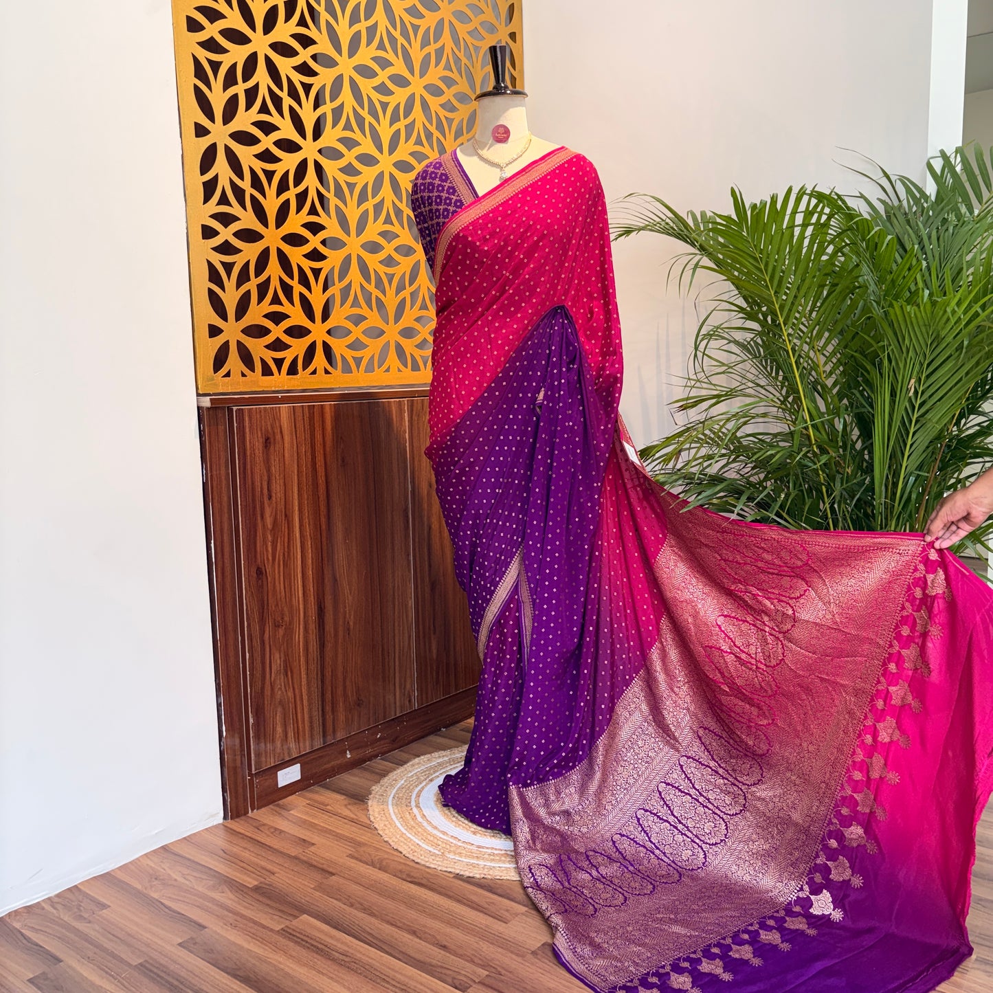 Purple Pink Ombre Banarasi Pure Crepe Saree