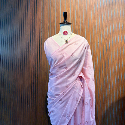 Baby Pink Embroidered Cotton Saree