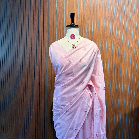Baby Pink Embroidered Cotton Saree
