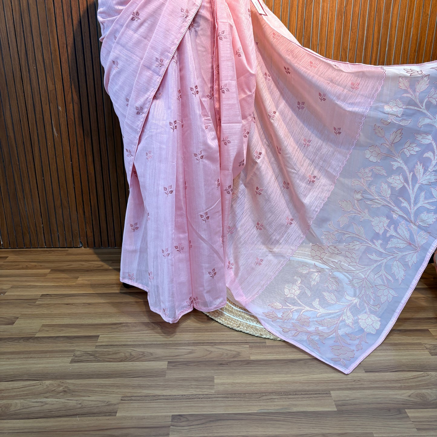 Baby Pink Embroidered Cotton Saree