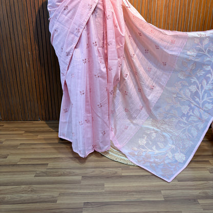 Baby Pink Embroidered Cotton Saree