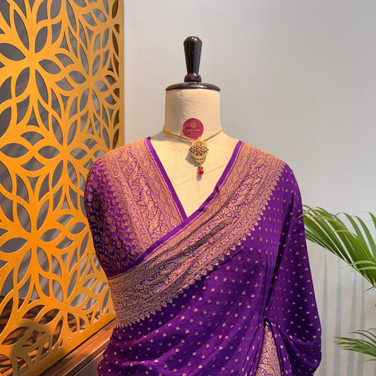 Purple Banarasi Pure Crepe Saree
