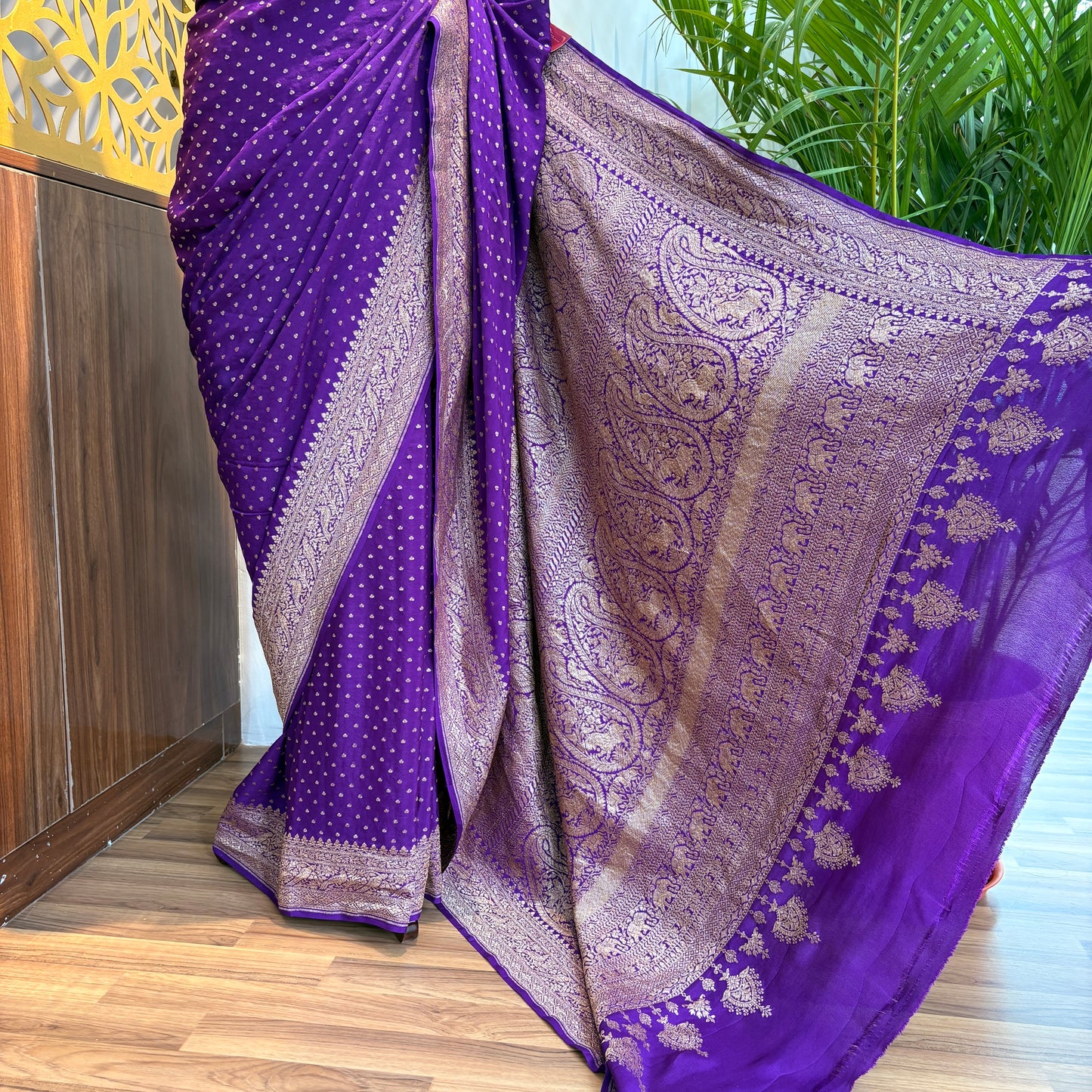 Purple Banarasi Pure Crepe Saree