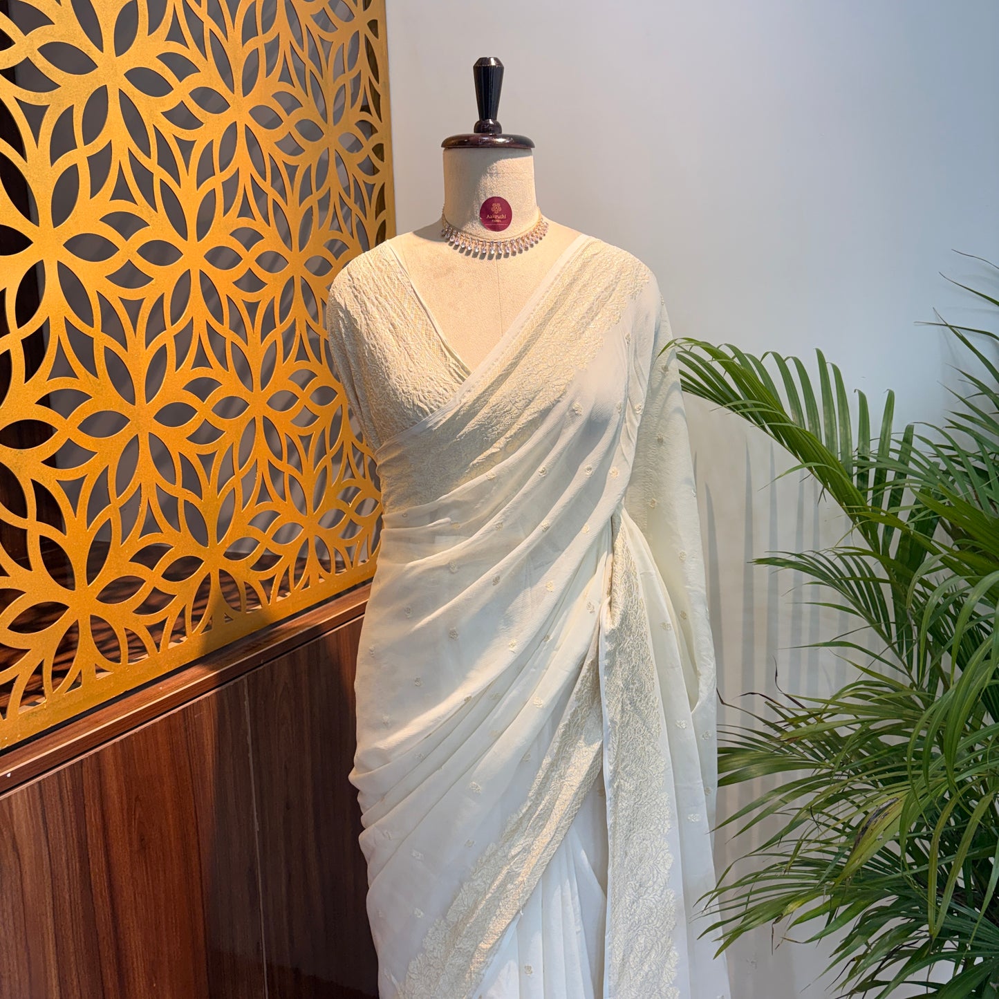 Ivory White Pure Khaddi Georgette Banarasi Saree