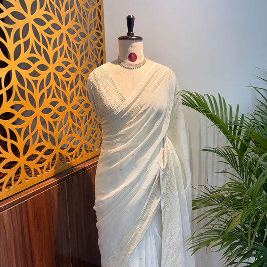 Ivory White Pure Khaddi Georgette Banarasi Saree