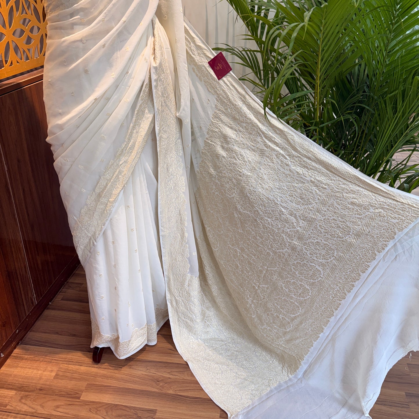 Ivory White Pure Khaddi Georgette Banarasi Saree