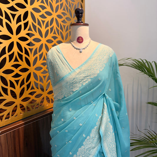 Pastel Blue Pure Khaddi Georgette Banarasi Saree