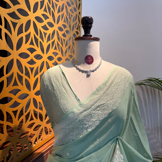 Pastel Green Pure Khaddi Georgette Banarasi Saree