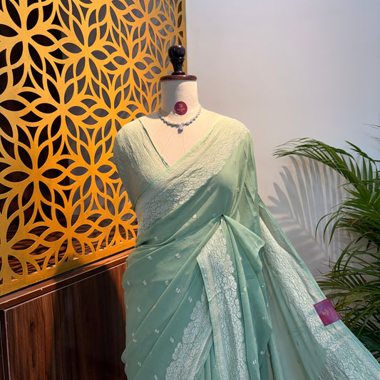 Pastel Green Pure Khaddi Georgette Banarasi Saree