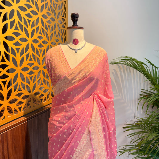 Pastel Pink Pure Khaddi Georgette Banarasi Saree