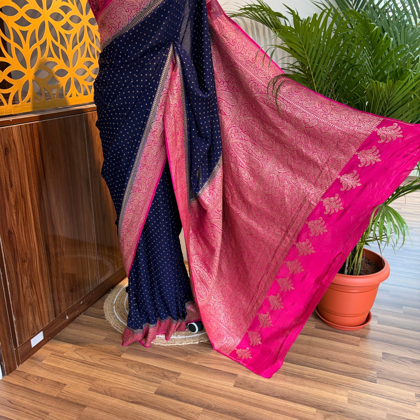 Navy Blue Banarasi Pure Crepe Saree