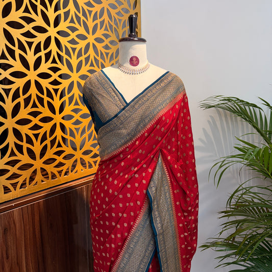 Red Banarasi Pure Crepe Saree
