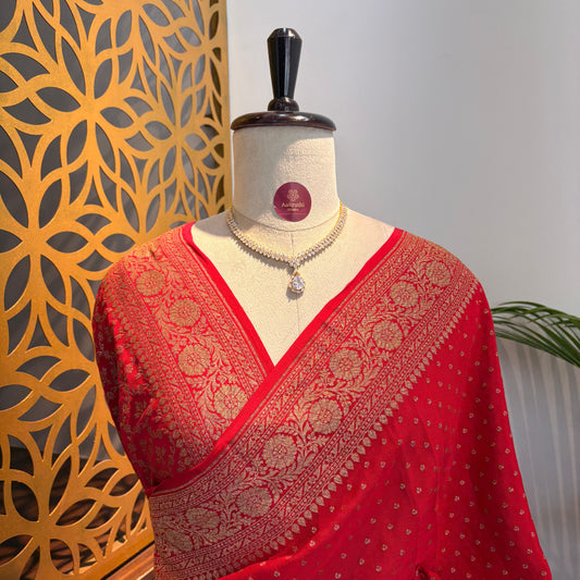 Red Banarasi Pure Crepe Saree