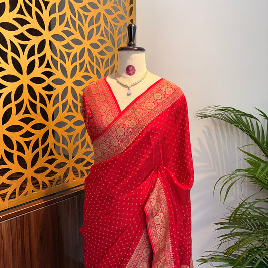 Red Banarasi Pure Crepe Saree