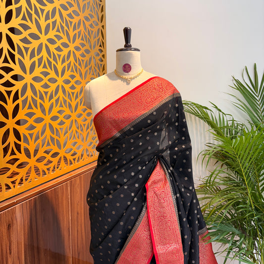Black Cotton Silk Semi Banarasi Saree