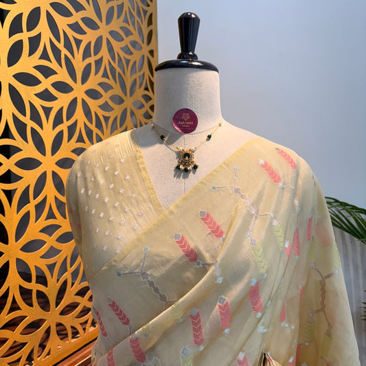 Pastel Yellow Semi Banarasi Raw Silk Saree