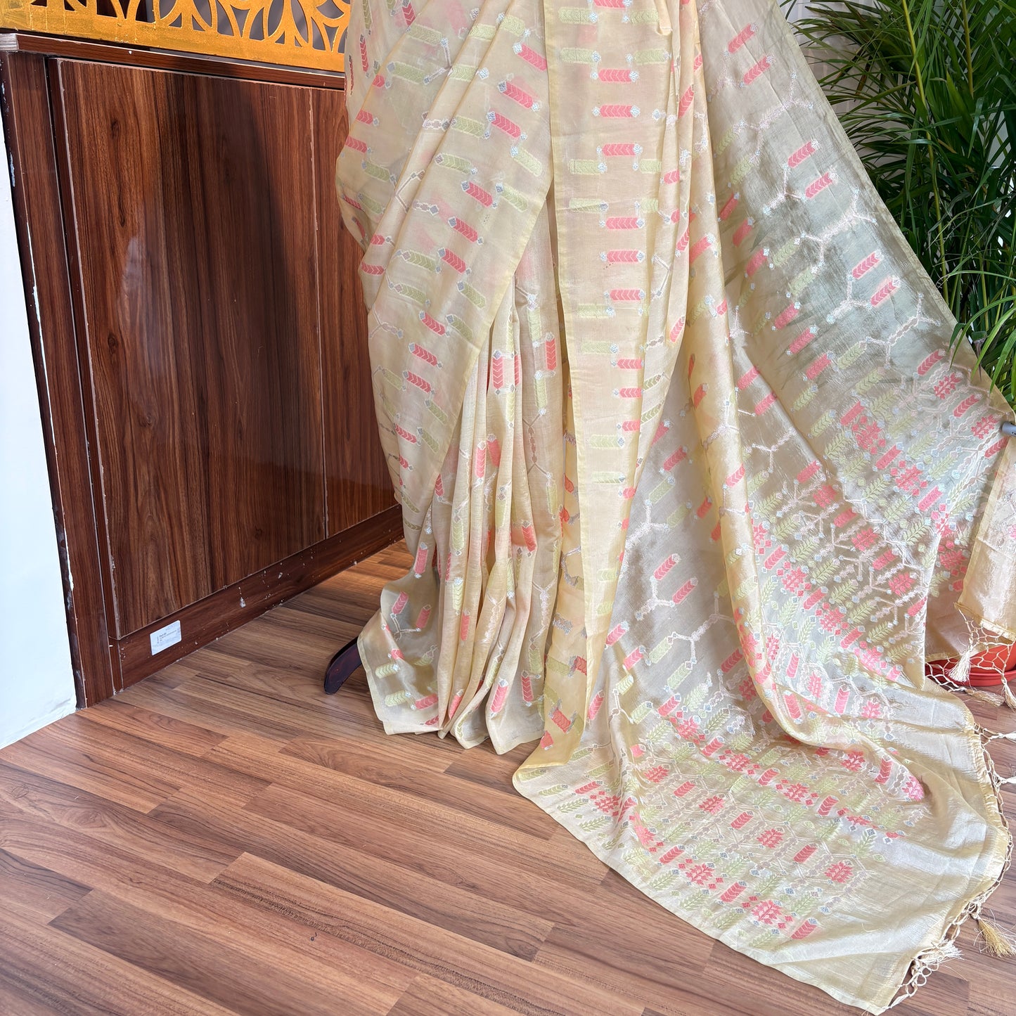 Pastel Yellow Semi Banarasi Raw Silk Saree