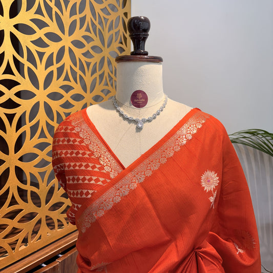 Orange Semi Raw Silk Banarasi Saree