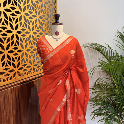 Orange Semi Raw Silk Banarasi Saree