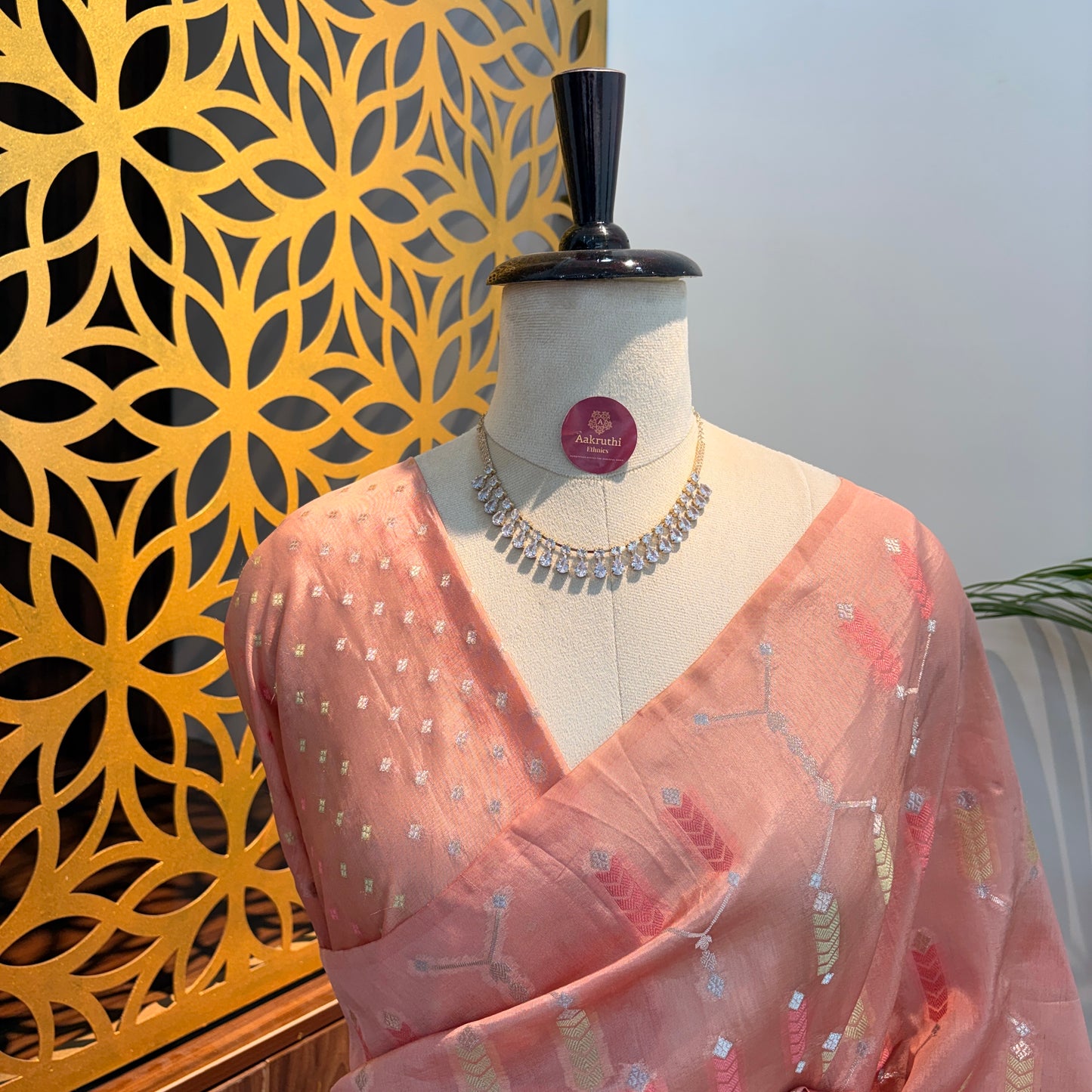 Peach Semi Banarasi Raw Silk Saree