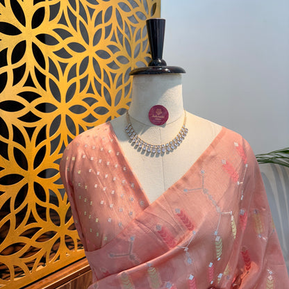 Peach Semi Banarasi Raw Silk Saree