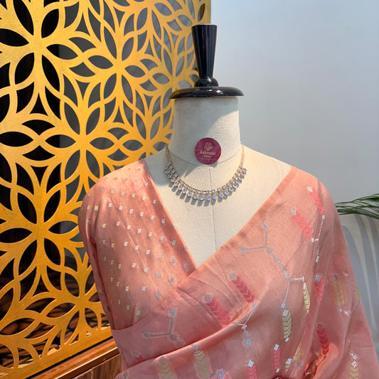 Peach Semi Banarasi Raw Silk Saree