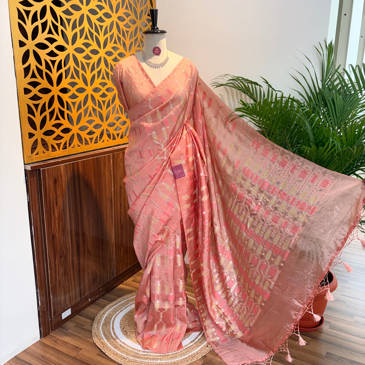 Peach Semi Banarasi Raw Silk Saree
