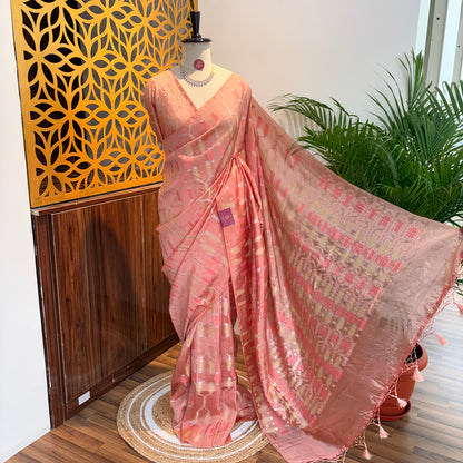 Peach Semi Banarasi Raw Silk Saree