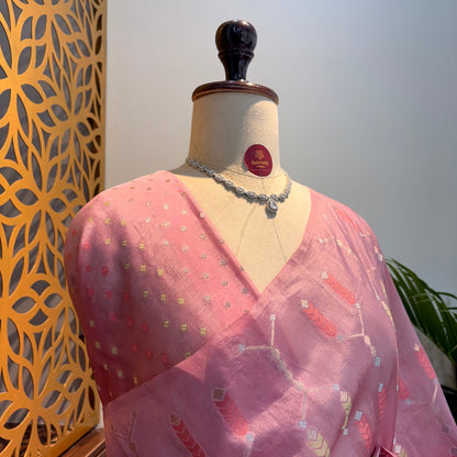 Candy Pink Semi Banarasi Raw Silk Saree