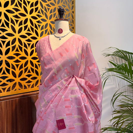 Candy Pink Semi Banarasi Raw Silk Saree